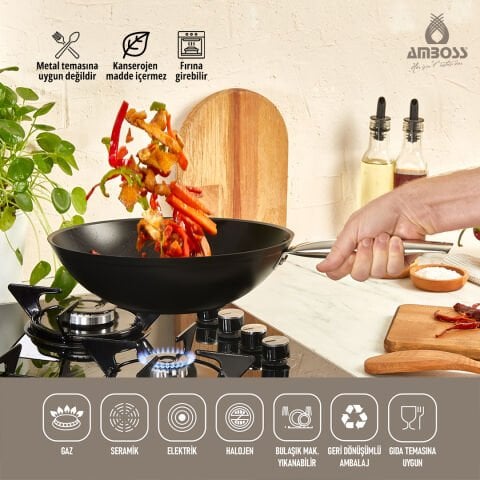 Amboss Dark Yanmaz Yapışmaz Titanyum Kaplama Wok Tavası - 28 cm