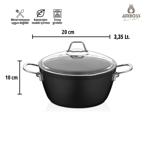 Amboss Dark Yanmaz Yapışmaz Cam Kapaklı Derin Tencere - 20x10 cm