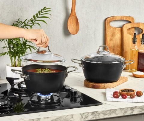 Amboss Dark Derin Tencere Cam Kapaklı Yanmaz Yapışmaz Titanyum Kaplama   - 22 cm