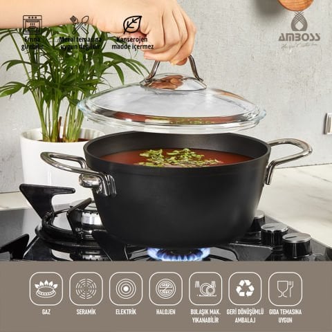 Amboss Dark Yanmaz Yapışmaz Cam Kapaklı Derin Tencere - 24x11,5 cm