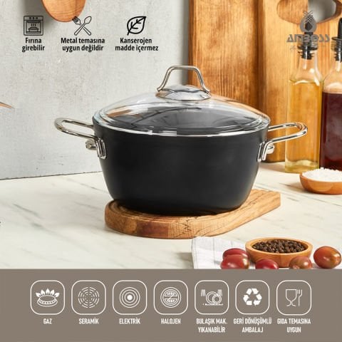Amboss Dark Yanmaz Yapışmaz Cam Kapaklı Derin Tencere - 24x11,5 cm
