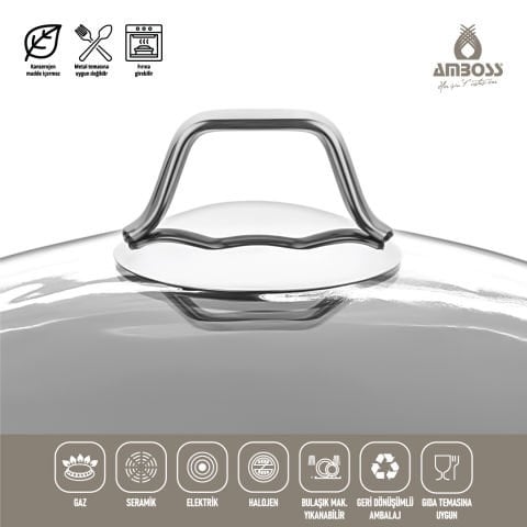 Amboss Dark Yanmaz Yapışmaz Cam Kapaklı Derin Tencere - 24x11,5 cm