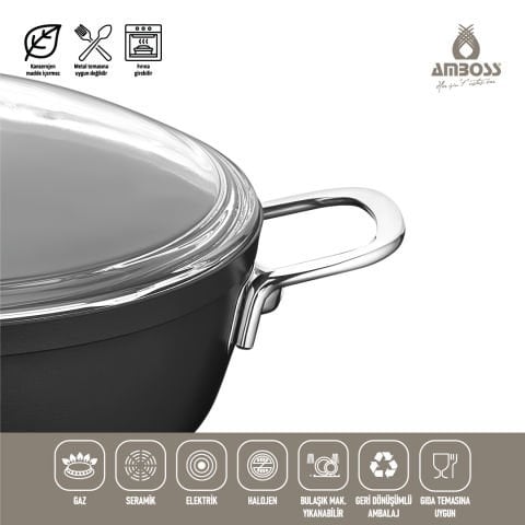 Amboss Dark Yanmaz Yapışmaz Cam Kapaklı Derin Tencere - 24x11,5 cm