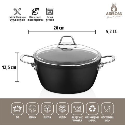 Amboss Dark Yanmaz Yapışmaz Cam Kapaklı Derin Tencere - 26x12,5 cm