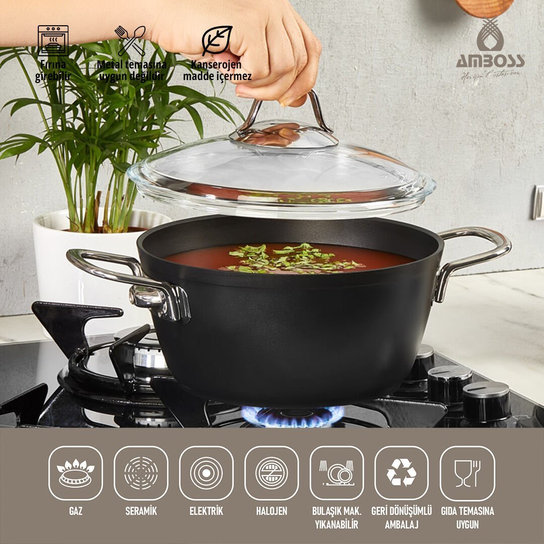 Amboss Dark Yanmaz Yapışmaz Cam Kapaklı Derin Tencere - 26x12,5 cm