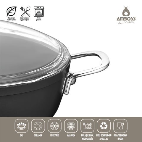 Amboss Dark Yanmaz Yapışmaz Cam Kapaklı Derin Tencere - 26x12,5 cm