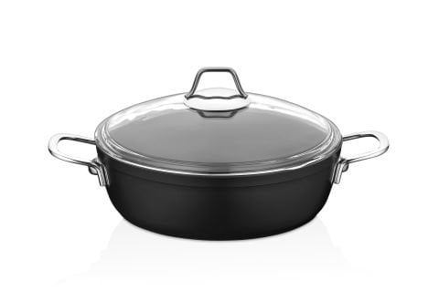 Amboss Dark Yanmaz Yapışmaz Cam Kapaklı Basık Tencere - 24x7,5 cm