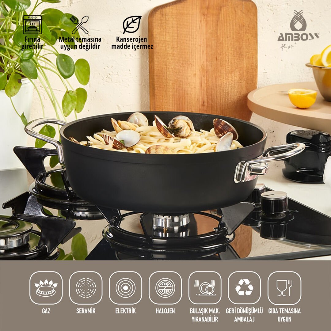 Amboss Dark Yanmaz Yapışmaz Cam Kapaklı Basık Tencere - 28x8 cm