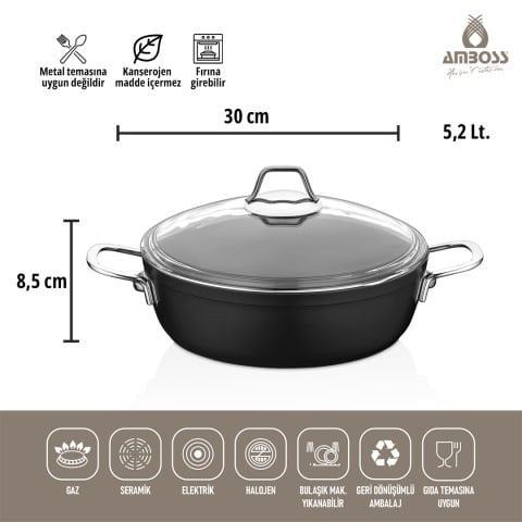Amboss Dark Yanmaz Yapışmaz Cam Kapaklı Basık Tencere - 30x8,5 cm