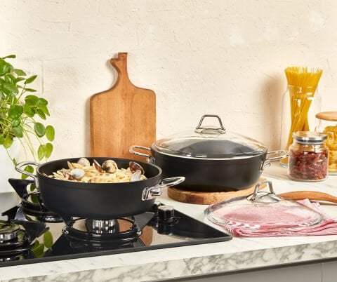 Amboss Dark Yanmaz Yapışmaz Cam Kapaklı Basık Tencere - 30x8,5 cm