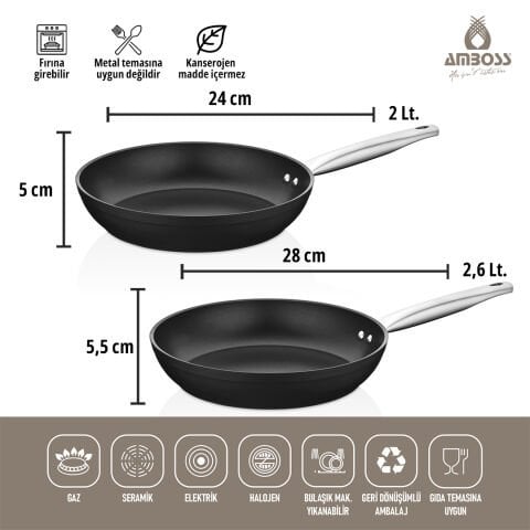 Amboss Dark Yanmaz Yapışmaz Titanyum Kaplama 2 Parça 24-28 cm Tava Seti