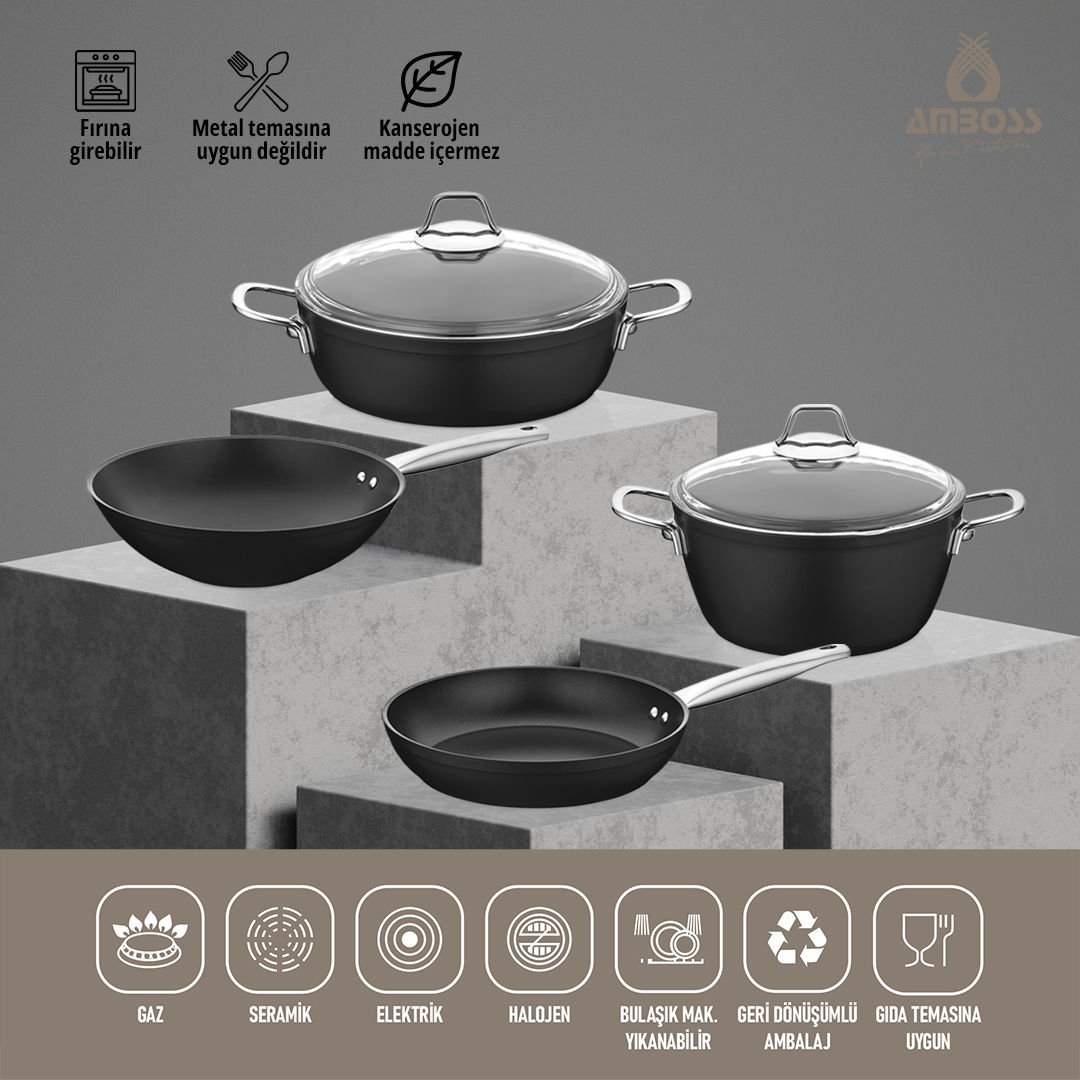 Amboss Dark 6 Parça 28 cm Wok Tavalı, Tencere Seti - Cam Kapaklı