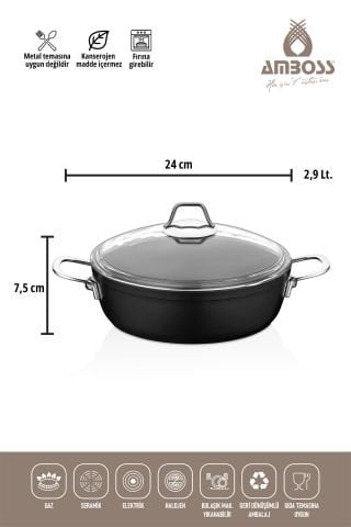 Amboss Dark 6 Parça 28 cm Wok Tavalı, Tencere Seti - Cam Kapaklı