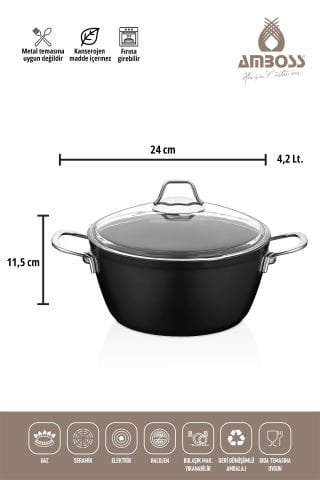 Amboss Dark 6 Parça 28 cm Wok Tavalı, Tencere Seti - Cam Kapaklı