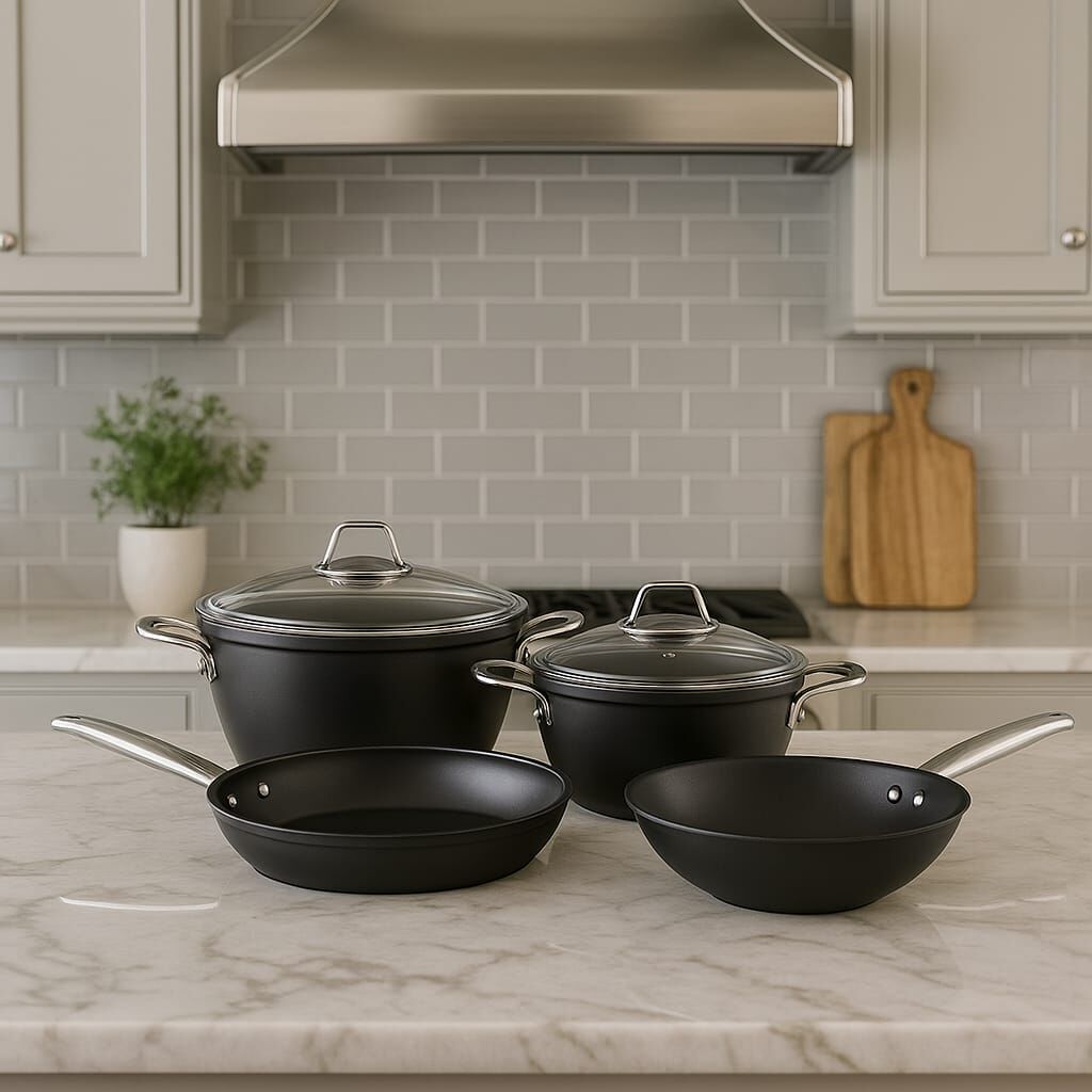 Amboss Dark 6 Parça 28 cm Wok Tavalı, Tencere Seti - Cam Kapaklı