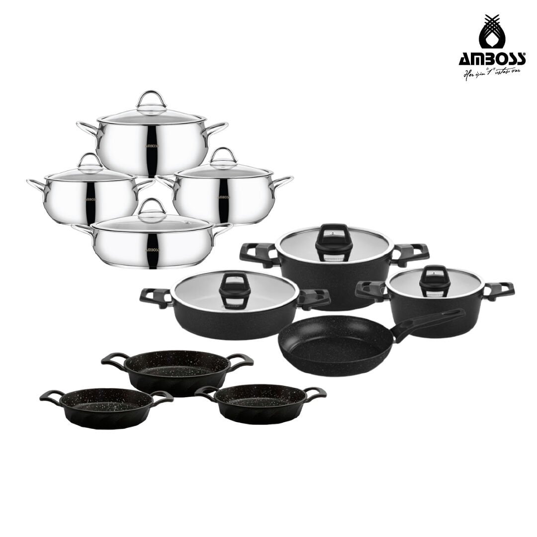 Amboss 18 Parça Class  7 Parça Yanmaz Yapışmaz - 8 Parça Paslanmaz Çelik Tencere Seti - 3 Parça Granit Sahan