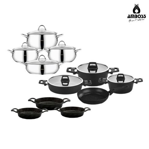 Amboss 18 Parça Class  7 Parça Yanmaz Yapışmaz - 8 Parça Paslanmaz Çelik Tencere Seti - 3 Parça Granit Sahan