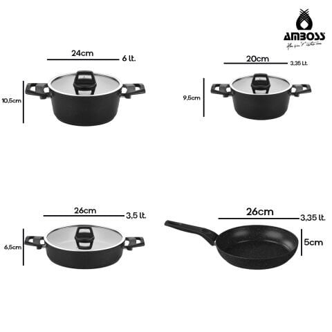 Amboss 18 Parça Class  7 Parça Yanmaz Yapışmaz - 8 Parça Paslanmaz Çelik Tencere Seti - 3 Parça Granit Sahan