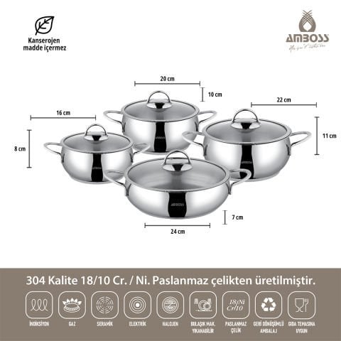 Amboss 18 Parça Class  7 Parça Yanmaz Yapışmaz - 8 Parça Paslanmaz Çelik Tencere Seti - 3 Parça Granit Sahan