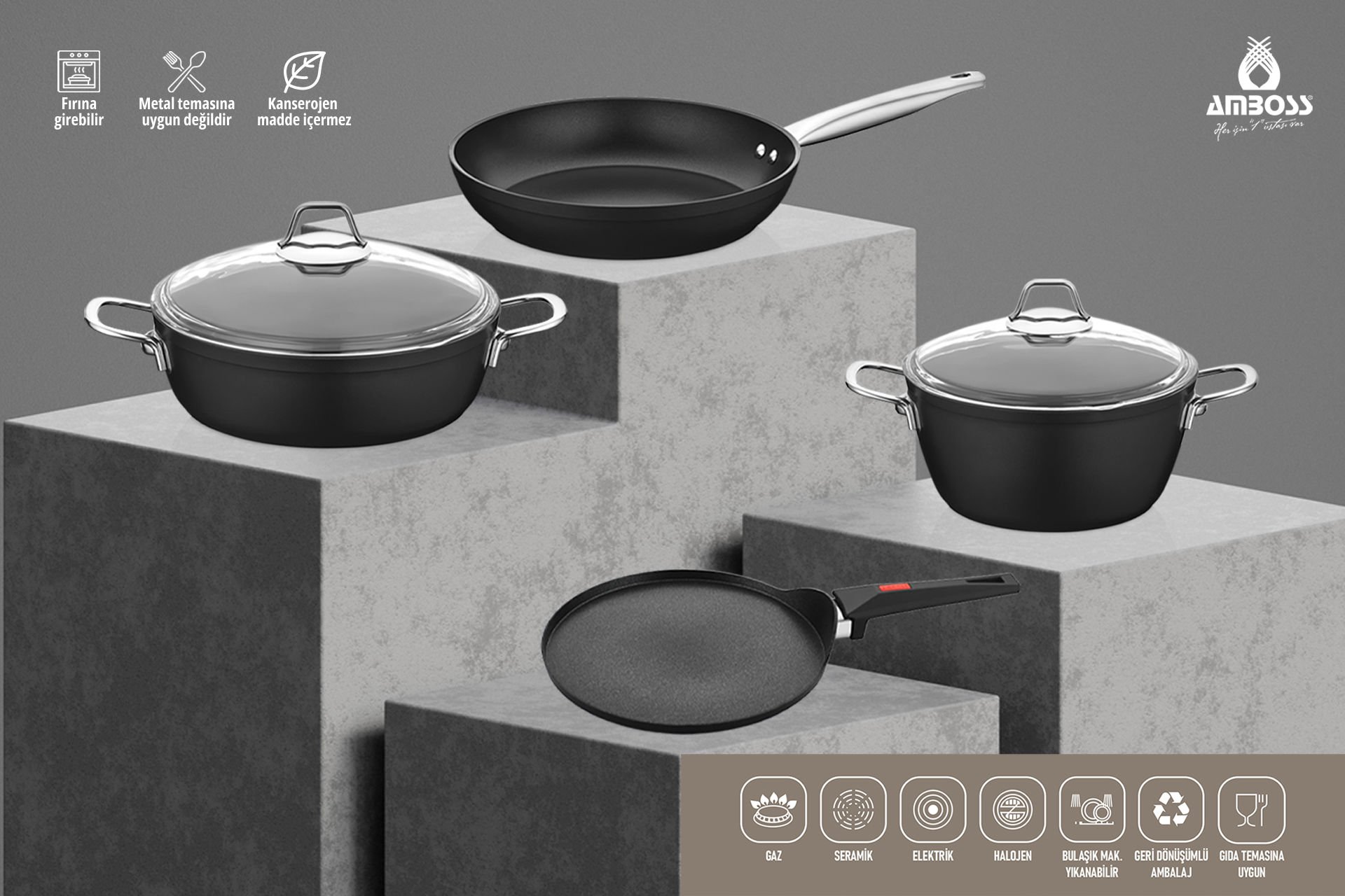 Amboss Lego 6 Parça Yanmaz Yapışmaz Tencere 30 cm Krep Tavalı Tencere Seti