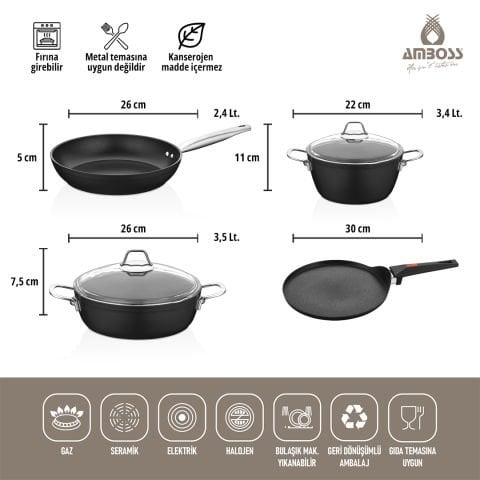 Amboss Lego 6 Parça Yanmaz Yapışmaz Tencere 30 cm Krep Tavalı Tencere Seti