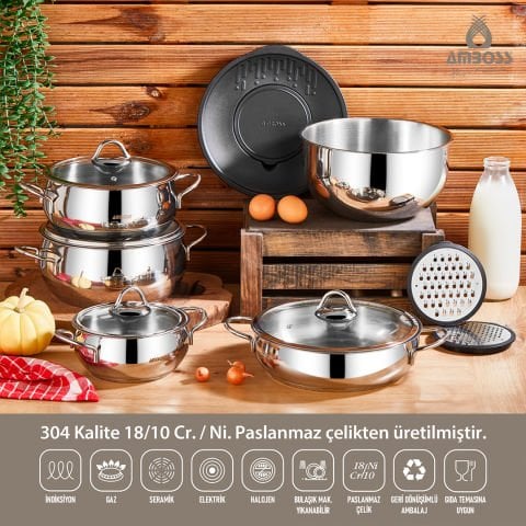 Amboss Trend 13 Parça Paslanmaz Çelik Tencere Seti & Karıştırma Çok Amaçlı Kase Seti