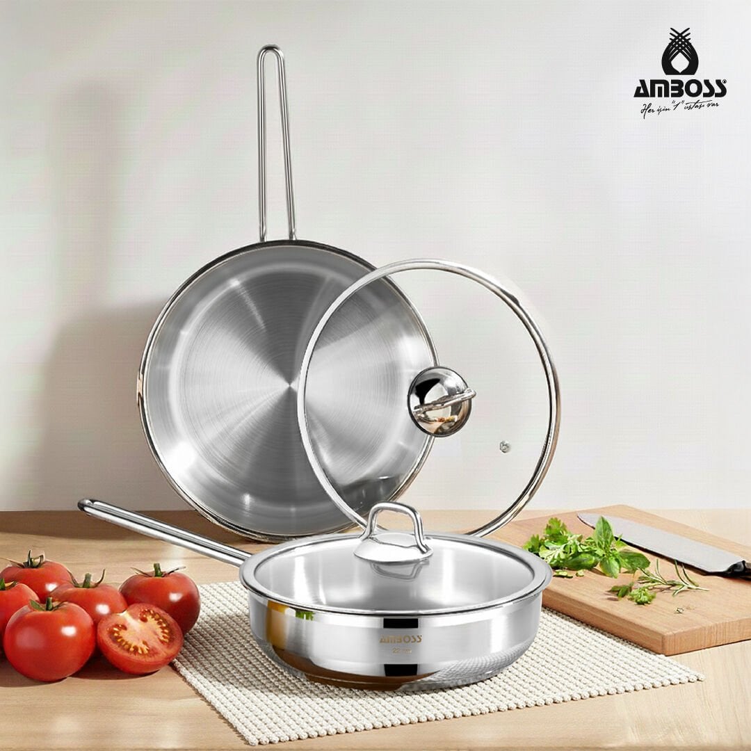 Amboss Saphire Cam Kapaklı Paslanmaz Çelik 4 Parça Tava Seti