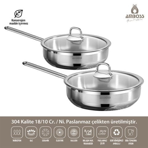 Amboss Saphire Cam Kapaklı Paslanmaz Çelik 4 Parça Tava Seti