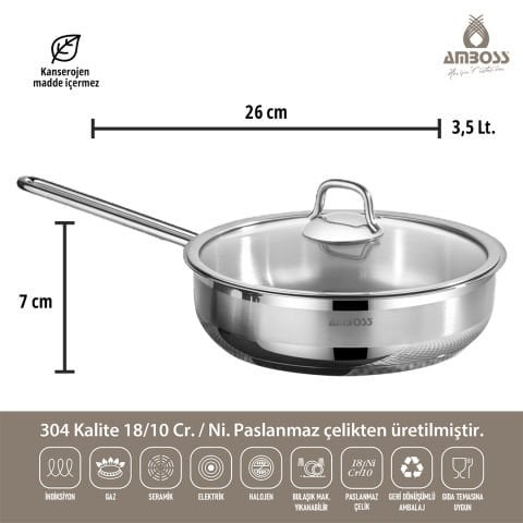 Amboss Saphire Cam Kapaklı Paslanmaz Çelik 4 Parça Tava Seti