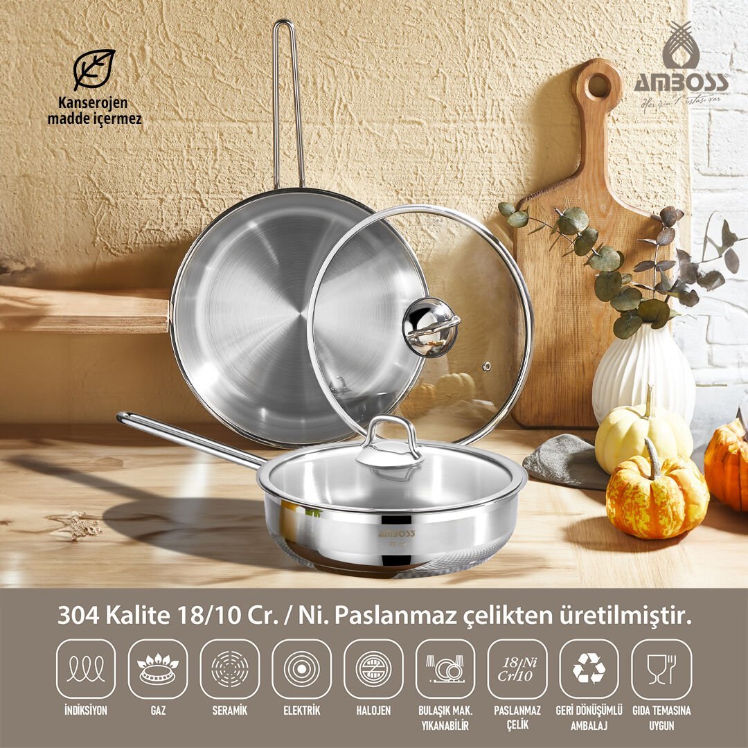 Amboss Saphire Cam Kapaklı Paslanmaz Çelik 4 Parça Tava Seti