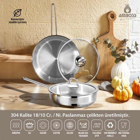 Amboss Saphire Cam Kapaklı Paslanmaz Çelik 4 Parça Tava Seti