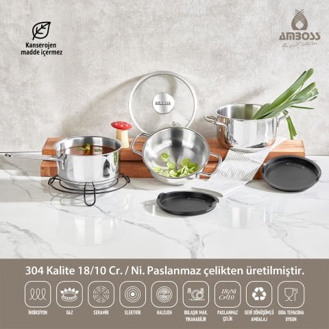 Amboss 14 Parça Lavin Paslanmaz Çelik Tencere Seti - Çok Amaçlı, Saklama Tencere Seti