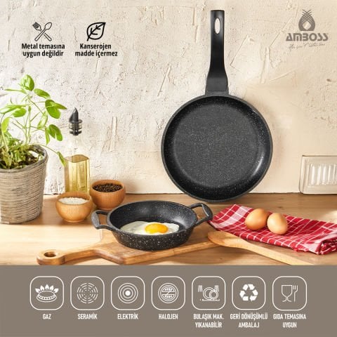 Amboss Sun 2 Parça Yanmaz Yapışmaz Döküm Granit Kaplama Tava ve Sahan (Omlet) Seti