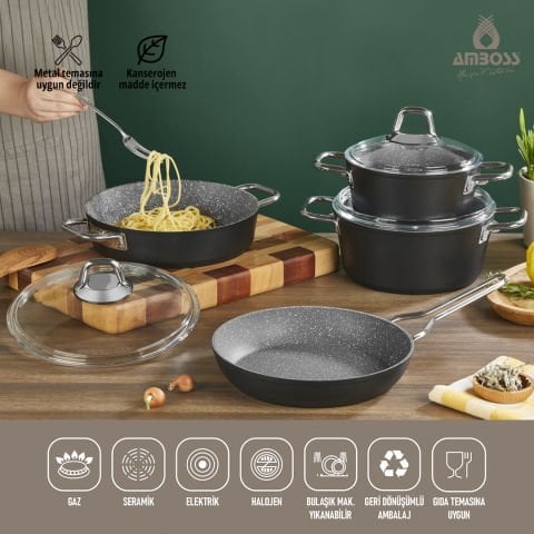 Amboss Crystal 7 Parça Granit Çift Renkli Tencere Seti - Siyah