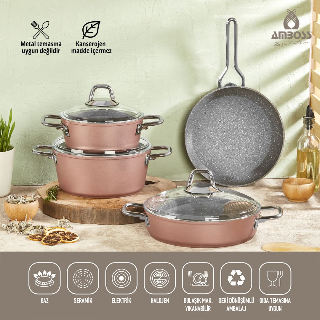 Amboss Crystal 7 Parça Granit Çift Renkli Tencere Seti - Rose Gold