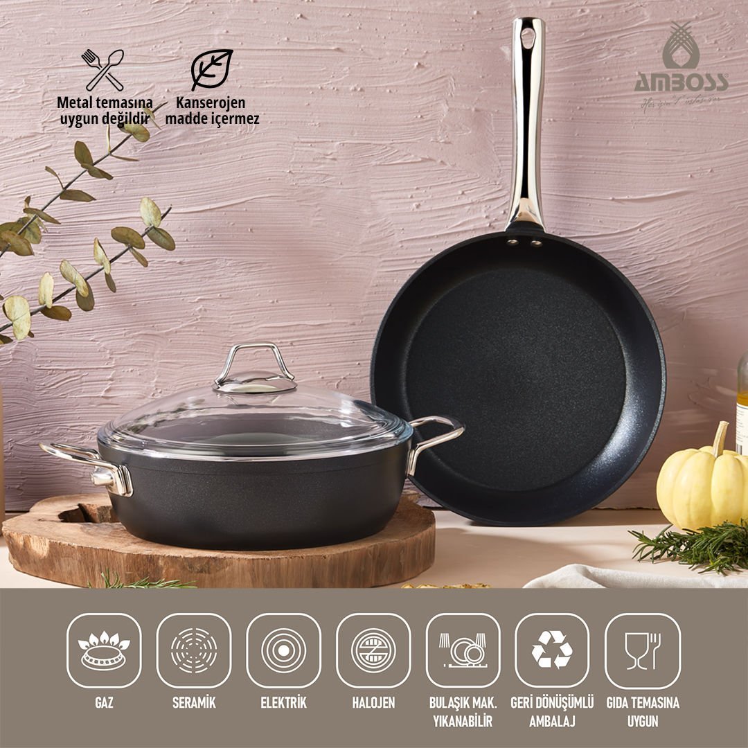 Amboss 3 Parça Dark Yanmaz Yapışmaz Titanyum Kaplama 24 cm Tencere Tava Seti Kapaklı