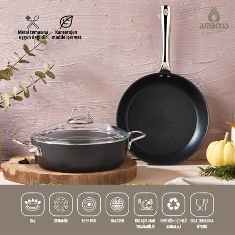 Amboss 3 Parça Dark Yanmaz Yapışmaz Titanyum Kaplama 24 cm Tencere Tava Seti Kapaklı
