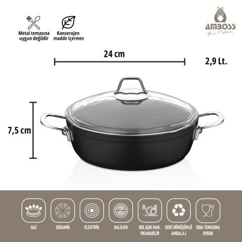 Amboss 3 Parça Dark Yanmaz Yapışmaz Titanyum Kaplama 24 cm Tencere Tava Seti Kapaklı