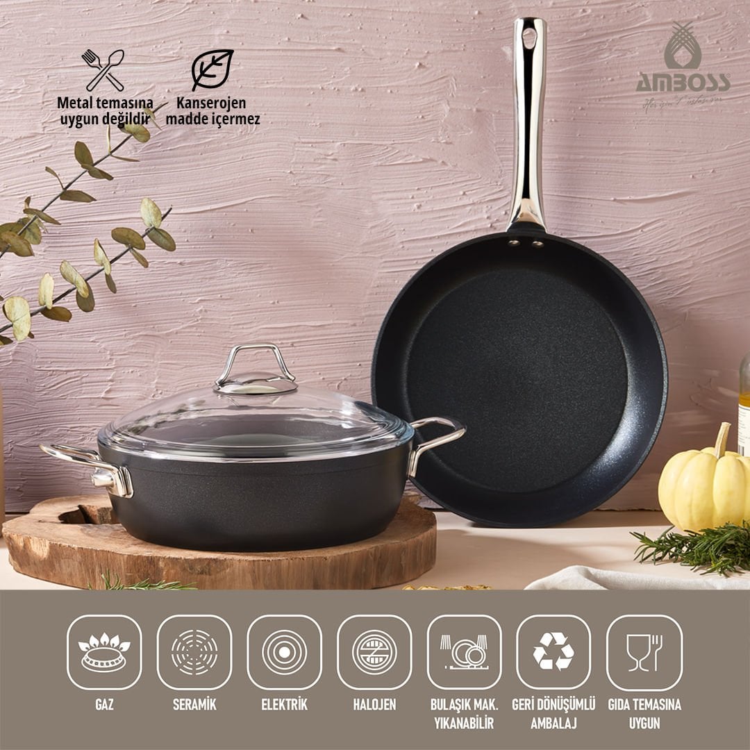 Amboss 3 Parça Dark Yanmaz Yapışmaz Titanyum Kaplama 26 cm Tencere Tava Seti Kapaklı