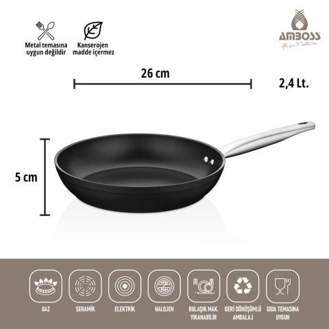 Amboss 3 Parça Dark Yanmaz Yapışmaz Titanyum Kaplama 26 cm Tencere Tava Seti Kapaklı