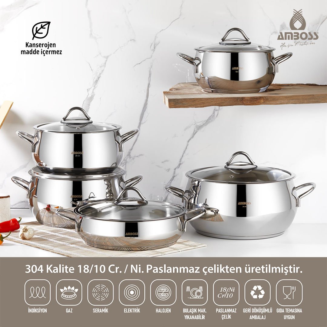 Amboss Parla 10 Parça İndüksiyon Tabanlı Paslanmaz Çelik Tencere Seti