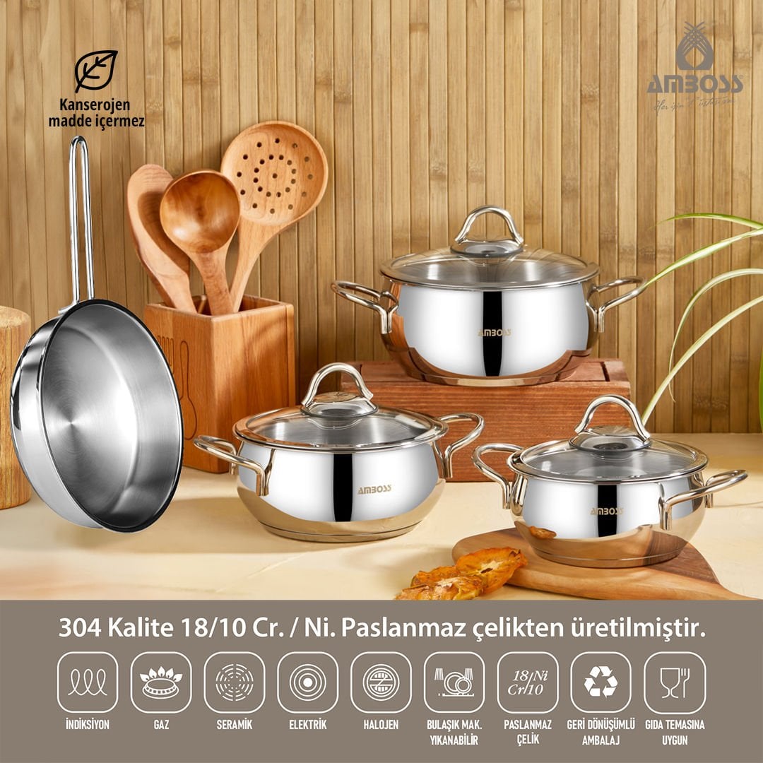 Amboss Winner 7 Parça Paslanmaz Çelik  Tüm Ocaklara Uygun Tava ve Derin Tencere Seti