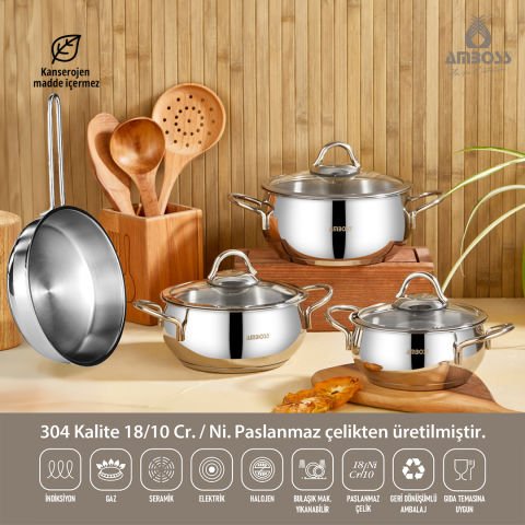 Amboss Winner 7 Parça Paslanmaz Çelik  Tüm Ocaklara Uygun Tava ve Derin Tencere Seti