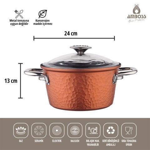 Amboss Tek Parça Döküm 24 cm Titanyum Kaplama Derin Tencere - Cam Kapaklı