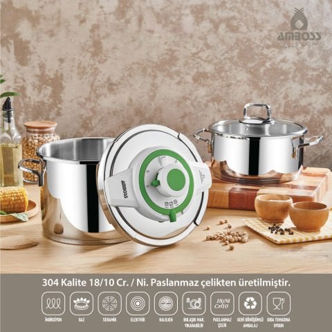 Ocean 4-6 Litre Matik İndüksiyon Tabanlı Paslanmaz Çelik Düdüklü Tencere Seti (YEŞİL)