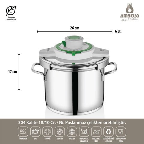 Ocean 4-6 Litre Matik İndüksiyon Tabanlı Paslanmaz Çelik Düdüklü Tencere Seti (YEŞİL)