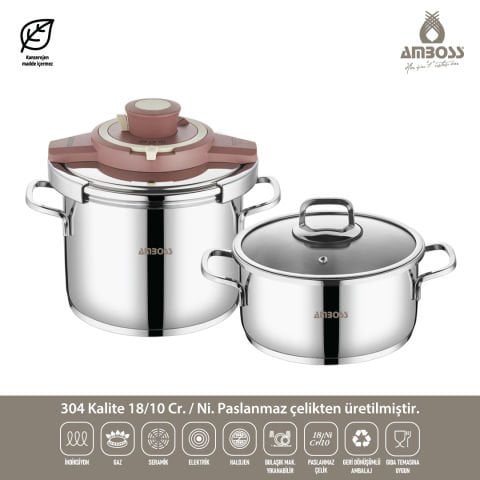 Ocean 4-6 Litre Matik İndüksiyon Tabanlı Paslanmaz Çelik Düdüklü Tencere Seti (ROSE)