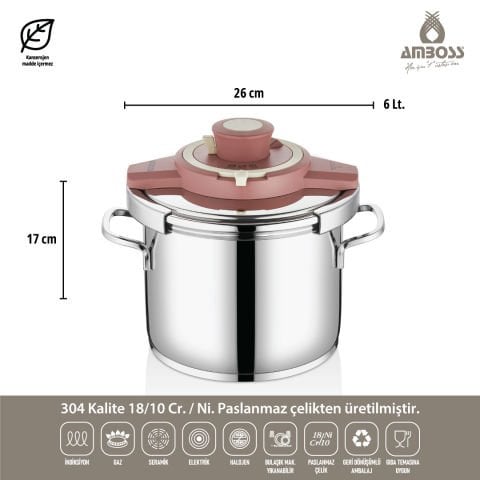 Ocean 4-6 Litre Matik İndüksiyon Tabanlı Paslanmaz Çelik Düdüklü Tencere Seti (ROSE)