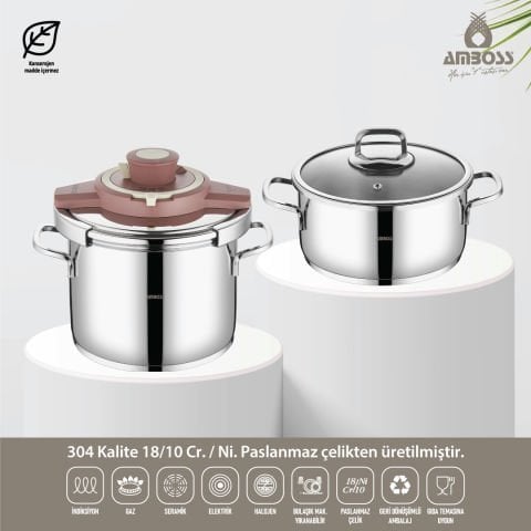 Ocean 4-6 Litre Matik İndüksiyon Tabanlı Paslanmaz Çelik Düdüklü Tencere Seti (ROSE)