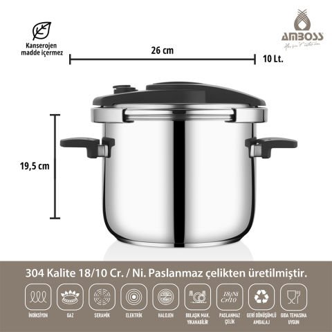 Amboss Enio Plus 10 LT Matik Paslanmaz Çelik Düdüklü Tencere